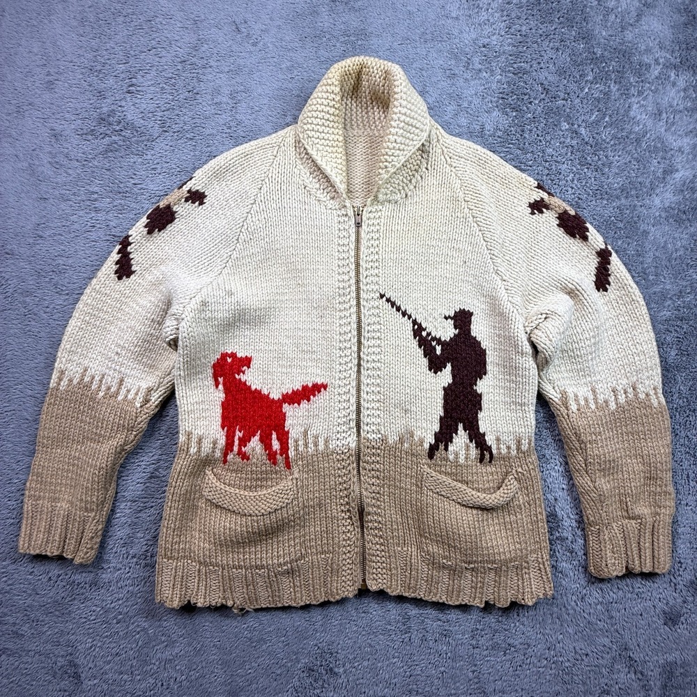 Vintage Cowichan Sweater Pheasant Hunt Hunter Dog Talon Zipper Wool 60s 70s